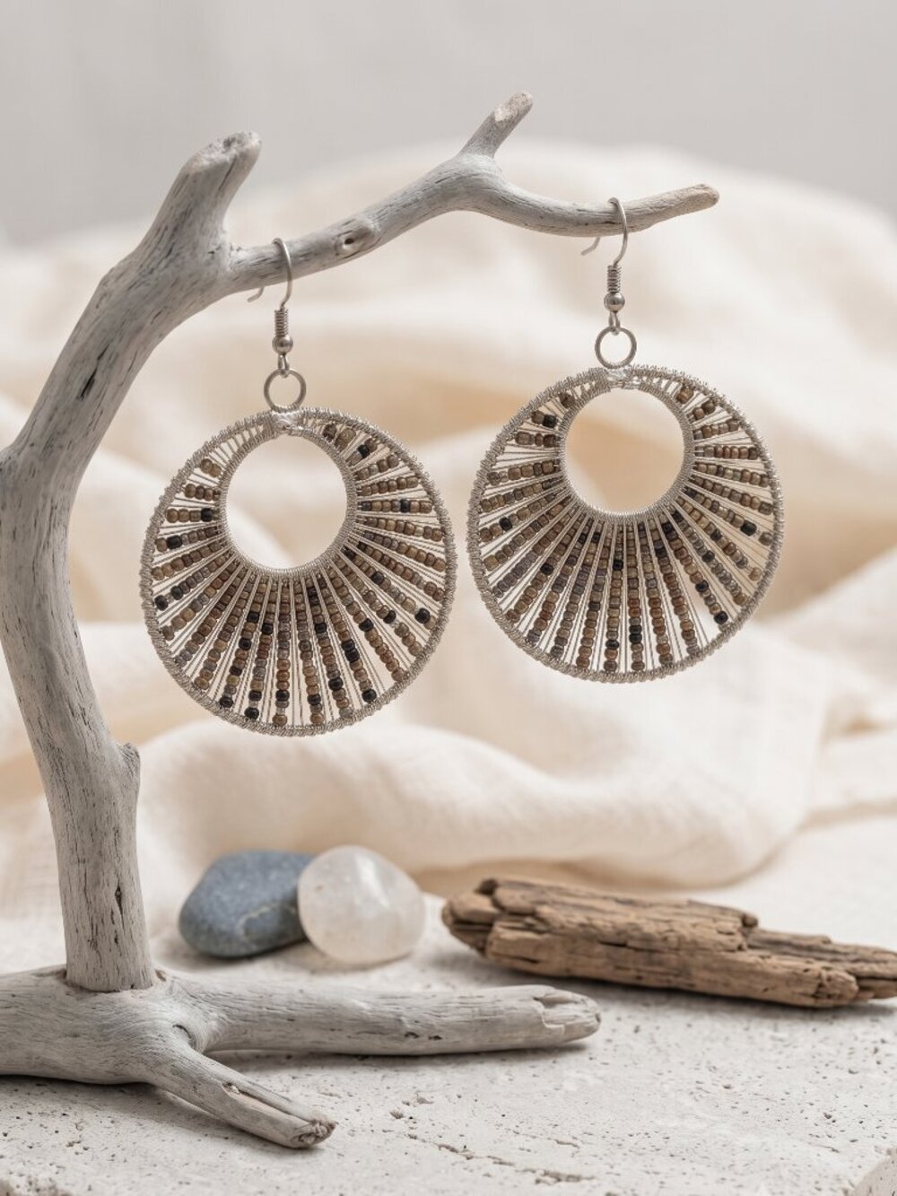 Boho Wire Wrapped Glass Bead Statement Hoop Earrings Earthy Bronze Silver 3"